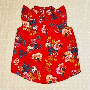 EUC- Anne Taylor- LOFT Red Ruffled Sleeveless Blouse with Mandarin Collar